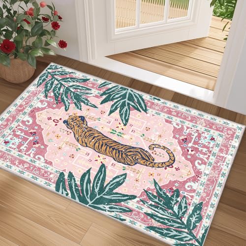 Door Mat Indoor Entrance 2×3 Pink Tiger Rug for Bathroom Kitchen Entryway Whimsical Animal Print Jungle Rug Boho Vintage Soft Cozy Tropical Woodland Small Carpet for Hallway Laundry Room