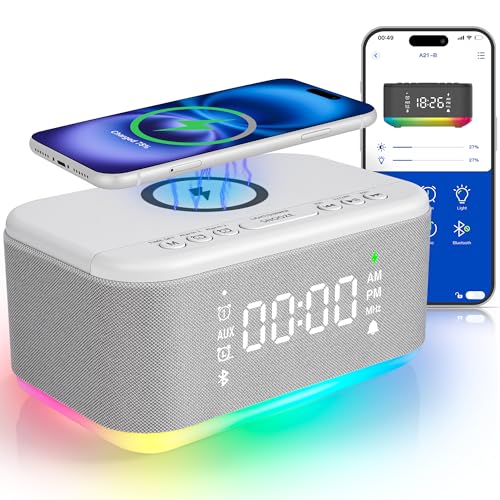 Bluetooth Alarm Clock Radio Bedroom, Digital Dual Alarm Clock Bedroom, Up to 10 Alarms Clock Night Light Speaker App/Button Control FM Charge Snooze Adjustable Brightness Dim 12/24H, Grey