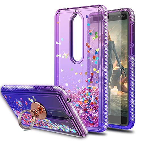 Nokia 6.1 Case Nokia 6.1 2018 Case with HD Screen Protector with Ring Holder,KaiMai Glitter Moving Quicksand Clear Cute Shiny Girls Women Phone Case for Nokia 6.1(2018)-Pueple Blue Ring