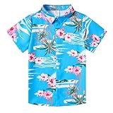 Boy's Hawaiian Shirt Kids Blue Flamingo Tropical Dress Shirts Button Down Tee Beach Polo Short Sleeve Blouse Top 3-4T