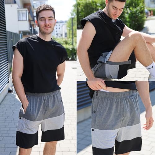 Deyeek Mens Tear Away Shorts Post Surgery Recovery Side Snap Shorts Color Block Cotton Break Away Pants with Pockets3