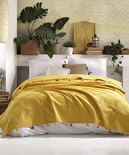 BOHORIA® Couvre-lit de qualité supérieure Colors of Morocco - Oeko-TEX® - Couvre-lit réversible - Avec pompons - Extra large - 220 x 240 cm (Morrocan Sun)