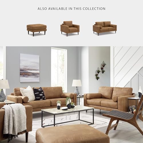 Image of Signature Design by Ashley Telora Faux Leather 3 Seater Sofa Couch, Caramel | Medium plush fiber-wrapped foam seating, Track arms, Loose back cushions, Mid-century modern style