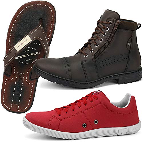 Kit de Bota com Sapatênis Casual SapatoFran Masculino com Chinelo Danper (39, MARROM-VERMELHO)