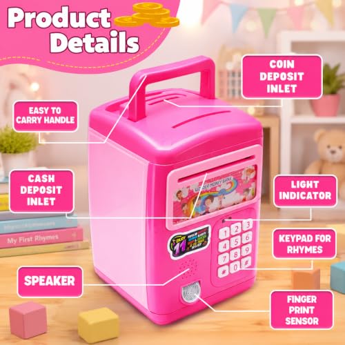 Image of Umadiya Premium Piggy Bank For Kids With Finger Print Smart Sensor Atm Savings Money Bank With Electronic Lock For Kids, Modern, Pink