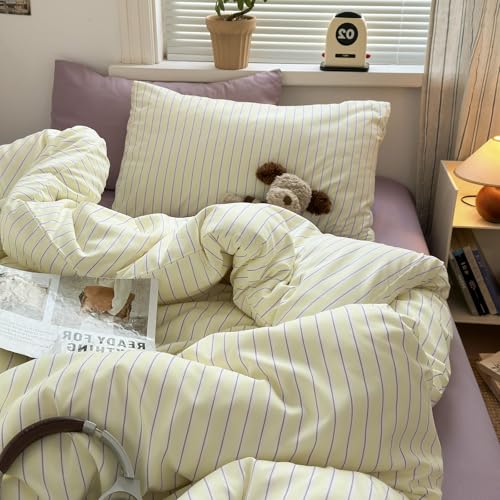 Image of VM VOUGEMARKET Kawaii Cream Yellow Purple Striped Microfiber Duvet Cover Set, Lightweight Soft Pastel Line Pattern Bedding Set for Cozy Aesthetic Bedroom-Queen,90 inchx90 inch