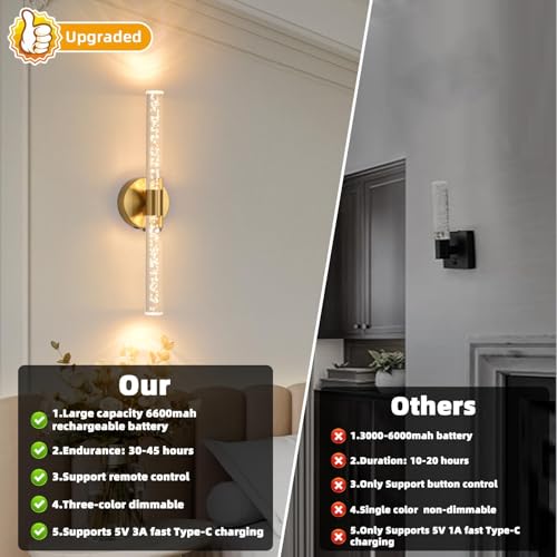 Image of Battery Operated Wall Sconces Set of 2, Gold 20'' Rechargeable Crystal Bubble Wall Sconce with Remote Control, 3000K-6000K Dimmable LED Wireless Wall Lights for Living Room Bedroom Hallway