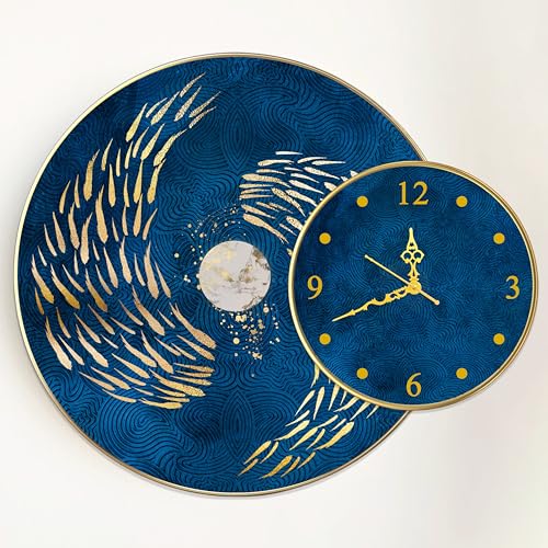 Image of PAINTINGMANTRA Nordic Moon Fish Round Wall Painting with Clock for Living Room Decoration, Clock with Painting Circular Gold Metal Finish Stylish Large Wall Art Print (28x22 Inches)