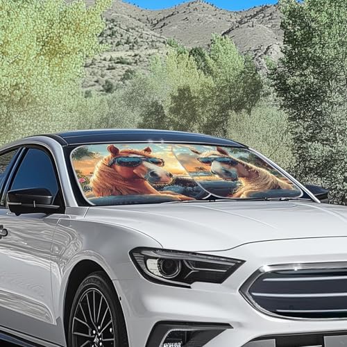 Image of Funny Horse Car Sun Shade for Windshield 2 Pack Sun Shield for Front Window Blocks UV Rays Easy to Install Car Interior Accessories Sun Protection for Cars Truck SUV