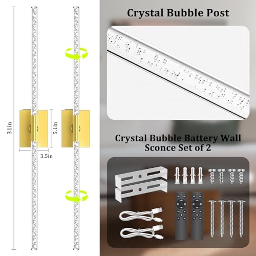 Image of iThird Crystal Bubble Gold Wall Sconces Set of 2: 10000mAh Rechargeable Wireless Lights with Remote & 360 Rotate, 4 Color Temps Dimmable, 31 inch Lamp Decor for Bedroom Living Room Mirror