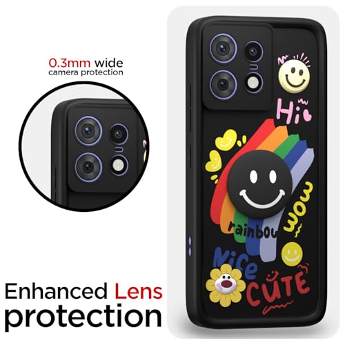 Image of Pikkme Back Cover for Motorola Moto Edge 50 Pro 5G | Soft Silicone| Cute Rainbow Smile & 3D Cartoon Flower Design | Shockproof Raised Camera Protection Bumper Case (Black)