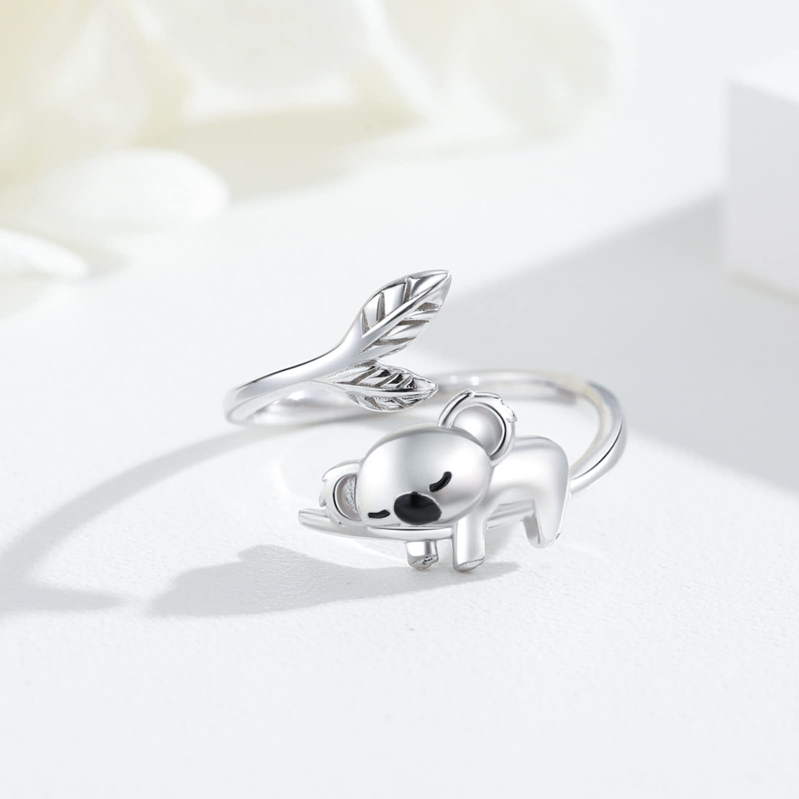 Koala - Anillo de plata de ley 925 para mujer, diseño de koala ajustable, abierto, con bonito animal para niñas