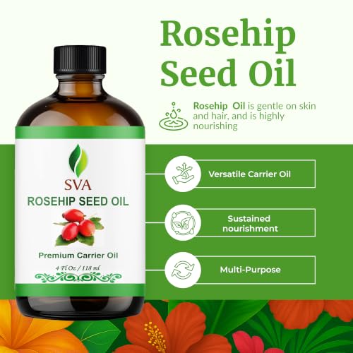 Image of SVA Rosehip Seed Oil 4 Fl Oz - for Face, Skin Care, Hair Care, Scalp Massage & Body Massage - Carrier Oil with Dropper