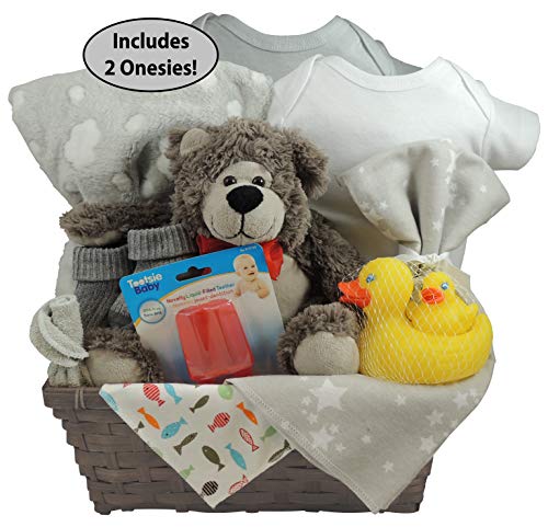Baby Gift Basket - Unisex, Set of 2 Cotton Onesie, Fleece Blanket and a Receiving (swaddling) Blanket, Rubber Ducky Set, Socks and More. - Image 3