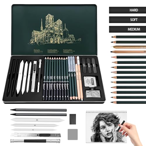 HA BIN Kit de dessin professionnel pour débutants, avec 27 pièces, crayons de dessin professionnels et fusains pour croquis, kit de dessin complet avec...