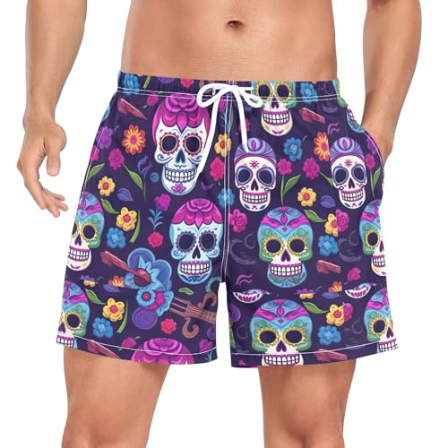 xigua Skull Flower Mens Swim Trunks with Liner, 5 inch Quick Dry Mens Boardshorts for Beach