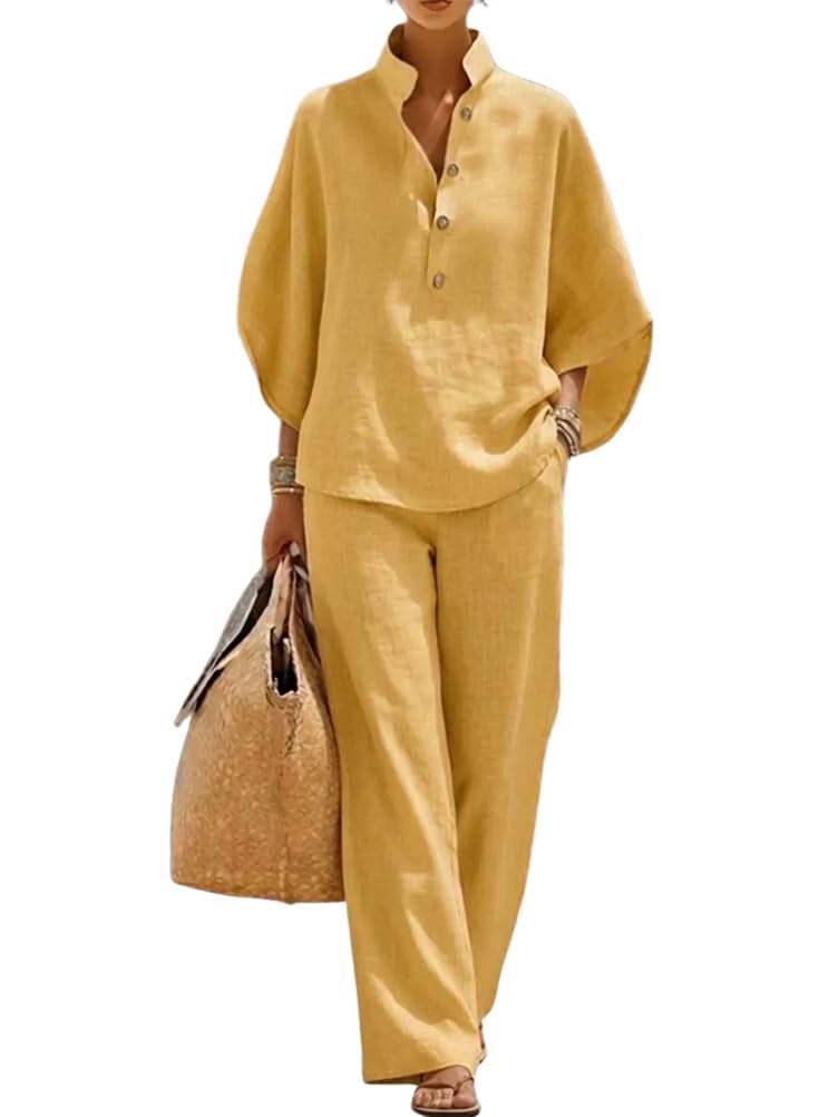 shownicer Ensemble Femme Coton et Lin 2 Pièces Chic et Elegant Tenue Manches 3/4 Tops Et Pantalon Ensembles en Lin Ete Décontractée Tenue