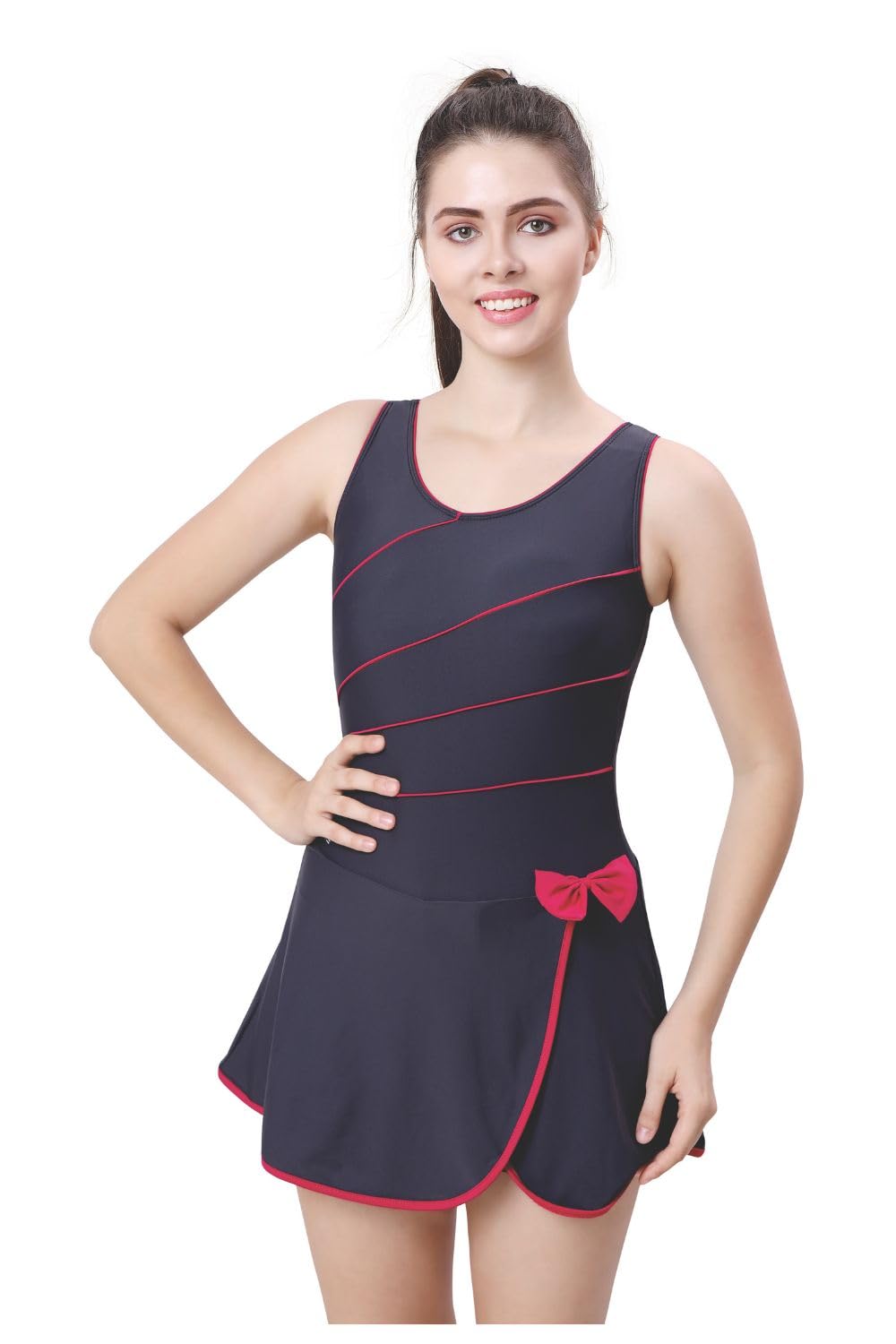 Women's Stylish Swimdress with Boyleg, U-Back Design & Padded Bust Support Red Piping Navy Blue-image-48