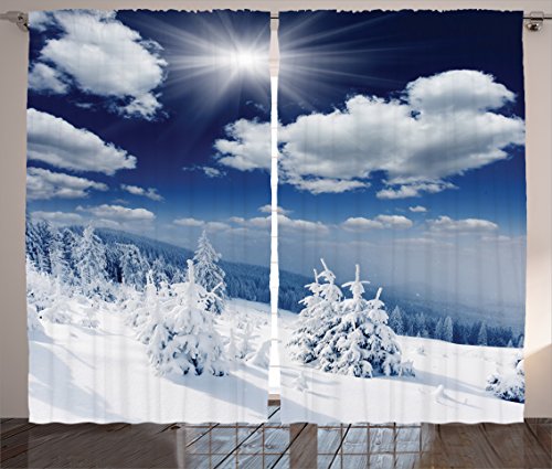 🔥 Flash Sale Ambesonne Winter Curtains, Winter Landscape on Hills with Snowy Trees and Fluffy Clouds Idyllic Seasonal Image, Living Room Bedroom Window Drapes 2 Panel Set, 108" X 84", Blue White