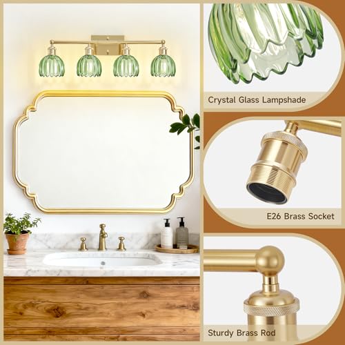 Image of 4 Light Vanity Lights for Bathroom, 27.2 in Brushed Brass Gold Bathroom Vanity Lights Over Mirror,Wall-Mounted Bath Room Lighting Fixtures with Green Tulip Glass Shade for Bedroom Living Room