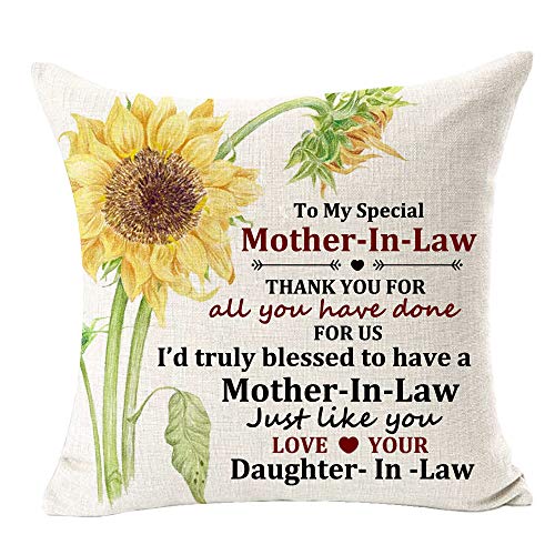 NIDITW Hermoso regalo para suegra de nuera gracias algodón cuadrado decorativo funda de almohada para sofá sala de estar 18 pulgadas (dorado)