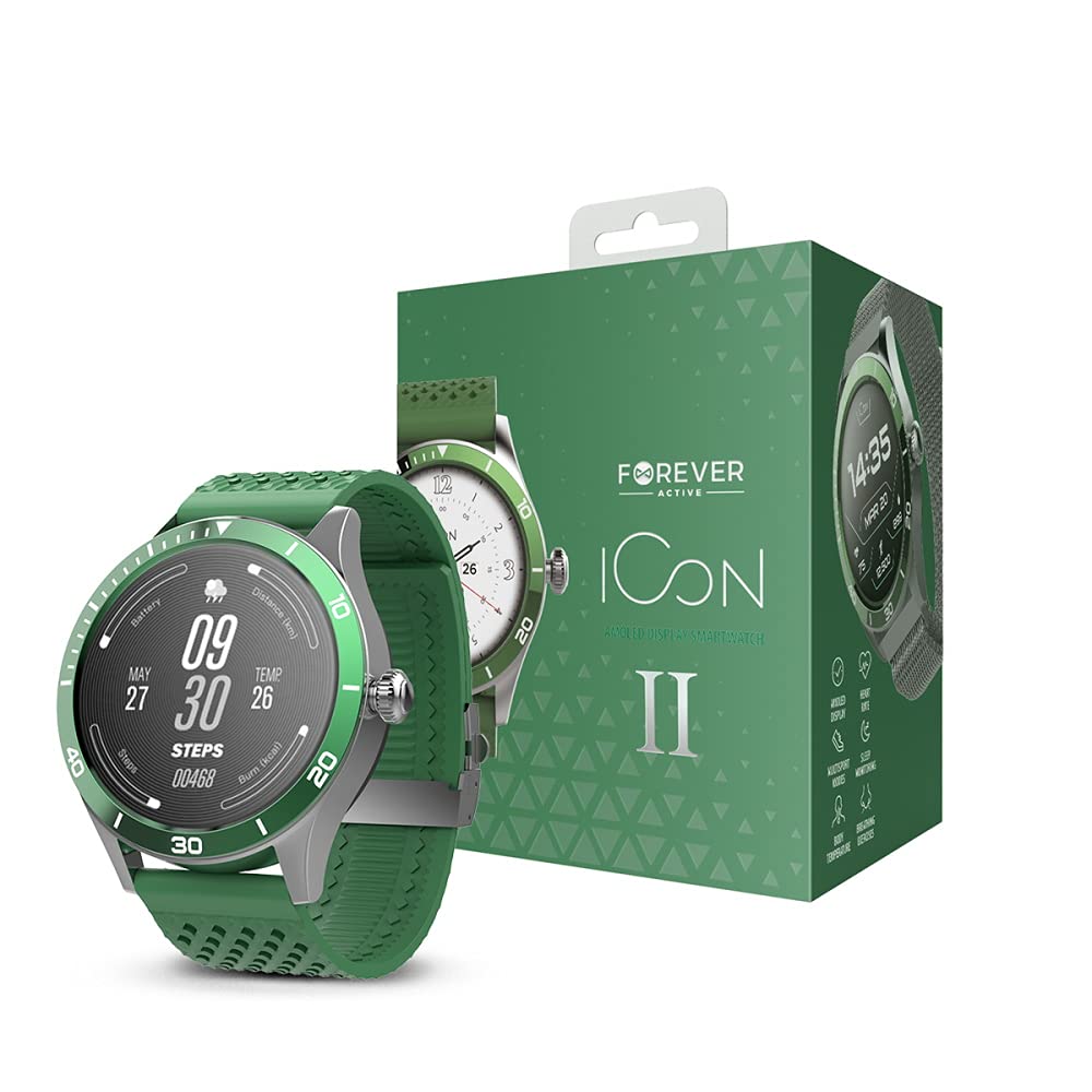 FOREVER Smartwatch AMOLED ICON II AW-110 dodatkowy pasek, wyświetlacz 1,3" 360 x 360 pikseli, IP68, Bluetooth v 5.1, czas czuwania 10 dni, akumulator litowo-jonowy 310 mAh, czas ładowania 2 godziny