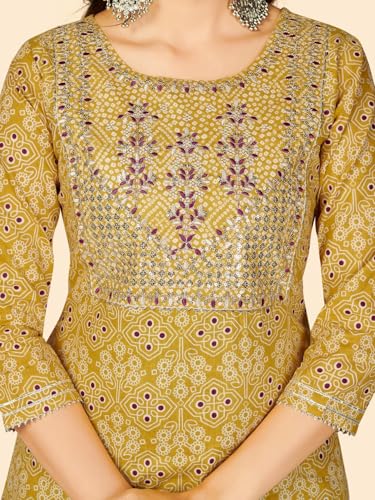 Image of Vbuyz Women's Printed & Embellished & Mirror Work Straight Cotton Stitched Kurta set | Straight Kurta Pant Dupatta | Kurta Set with Dupatta for Women | Suit Set | Ethnic Set | Printed Kurta Set
