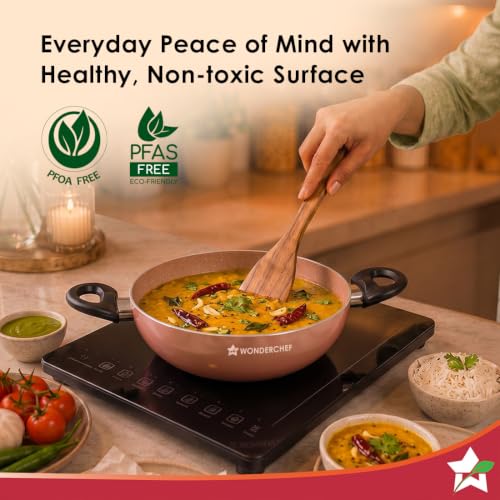Image of Wonderchef Vitalife Non-Stick Kadhai & Glass Lid for Kitchen, 24cm, 2.5 L, Non-Toxic Coating, PFOA-Free, Cool-Touch Handles, Scratch-Resistant, Gas & Induction Compatible, 2-Yr Warranty, Terracotta