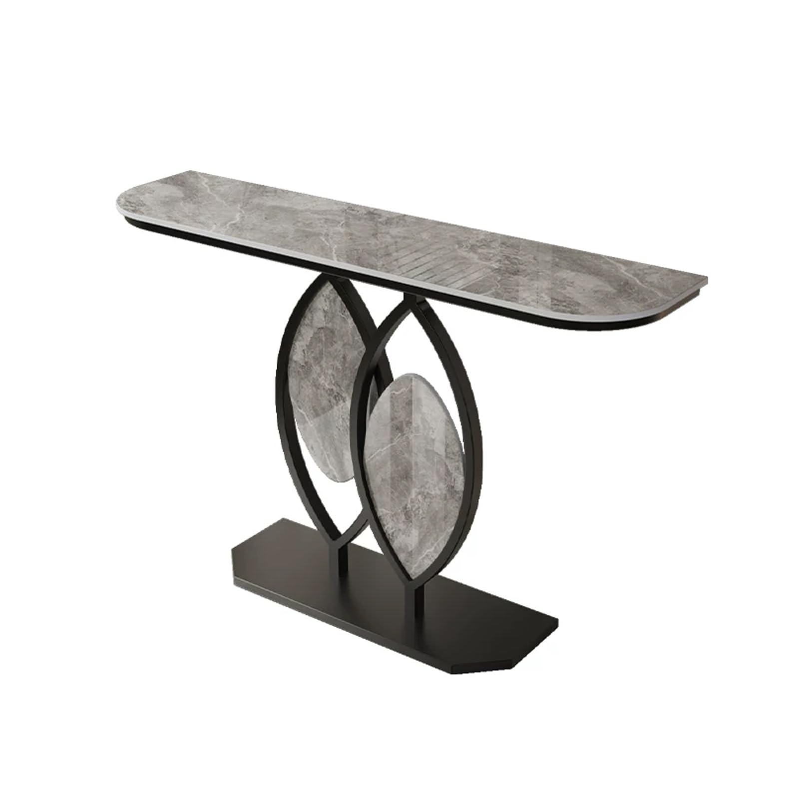 Mesa consola de piedra sinterizada moderna con marco de metal negro para entrada y pasillo largo