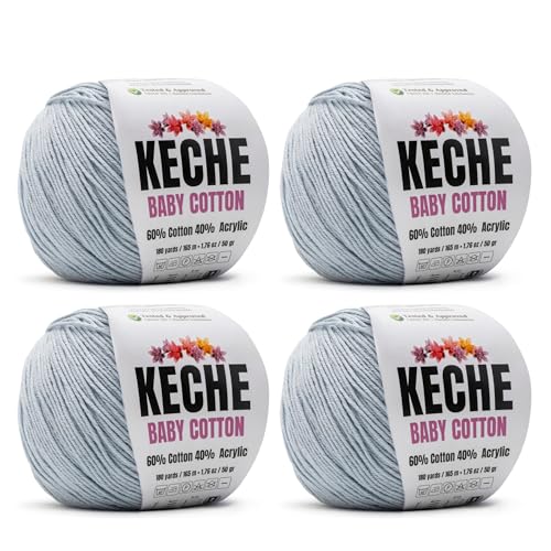 Image of Keche Baby Cotton, 60% Cotton 40% Acrylic Yarn, Soft Cotton Yarn for Crochet and Knitting, Amigurumi Yarn 4 Skeins /Balls [1.76 Oz (50g) / 180 Yrds (165m)] x 4 - Light Blue Grey