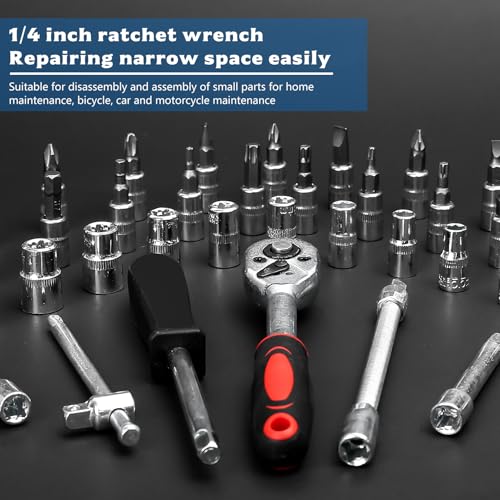 46 Pcs 1/4 inch Socket Wrench Set, Small 1/4" Socket Set, Deep Sockets Tools Set Car Tools Mechanic Tool Sets, Screwdriver Ratchet Set Extension Bars for Bike Motorbike Motorcycle Repair Tool Kit 2 46 Pcs 1/4 inch Socket Wrench Set, Small 1/4" Socket Set, Deep Sockets Tools Set Car Tools Mechanic Tool Sets, Screwdriver Ratchet Set Extension Bars for Bike Motorbike Motorcycle Repair Tool Kit - Image 2