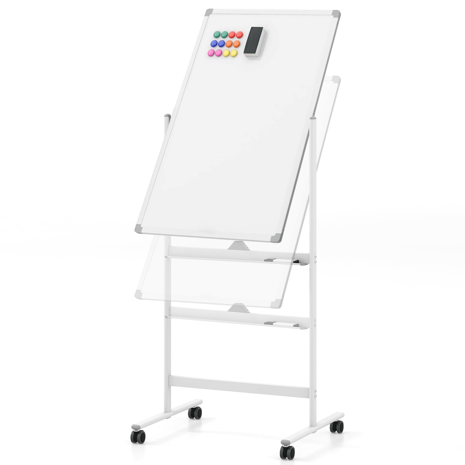 FANTASK Doppelseitiges mobiles Whiteboard, 60 x 100 cm, höhenverstellbares magnetisches Whiteboard mit Rollen, Ständer und Stiftablage, inkl. Zubehör für Schule, Büro, Zuhause (Weiß)