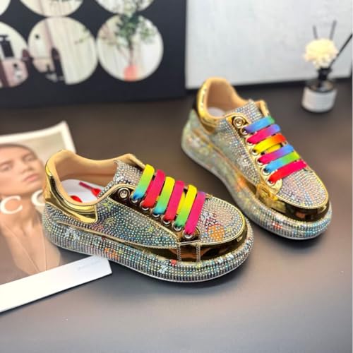 Y2K Sneakers for Women Dazzling Opulent Bling Sparkle Rhinestone Gold Metallic Platform Fashion Statement Party Festival Club Event Rainbow Laces Multi Color Embellished Comfortable Sneakers Women4