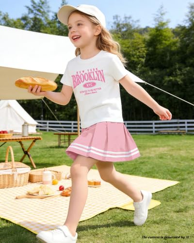 Image of Betusline Girls Skirt Set JK School Uniform 2-Piece Outfit - Short Sleeve & Webbing Solid Skirt,Letter Print,Pink,6-7Years= Tag 130
