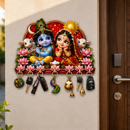 Image of Webelkart Premium Radha Krishna Wooden Key Holder for Home Decor, Wall Mount Key Hanger, Key Chain Holder for Wall, Living Room, Pooja Room (Red)