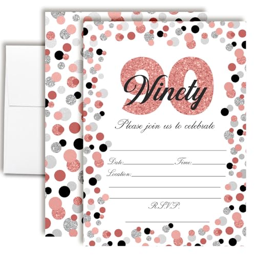 Confetti Rose Gold Polka Dot 90th Birthday Invitations 20 Pack 5x7 Fill-In Cards with Envelopes, Elegant Milestone Celebration Stationery, Cute Festive Design, Made in USA by Amanda Creation