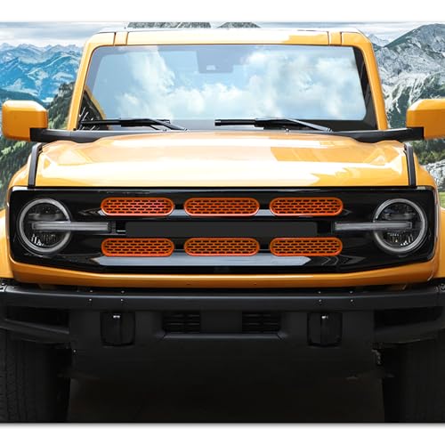 Image of Front Grill Mesh Grille Inserts Cover Frame Trims Kit 6Pcs Fit for Ford Bronco 2021-2026 2 /4 Door Exterior Accessories (Orange)
