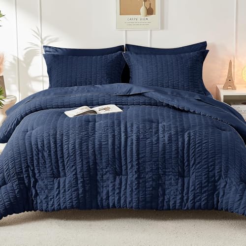 HYMOKEGE Navy Blue Queen Comforter Set Seersucker 7 Pieces, All Season Luxury Bed in a Bag for Bedroom, Bedding Set with Comforters, Sheets, Pillowcases & Shams HYMOKEGE Navy Blue Queen Comforter Set Seersucker 7 Pieces, All Season Luxury Bed in a Bag for Bedroom, Bedding Set with Comforters, Sheets, Pillowcases & Shams