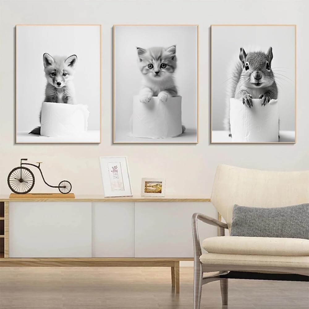 Affiche Murale Noir et Blanc Humour Animaux 40x50 Poster WC Deco Salle de Bain Toilette Humoristique