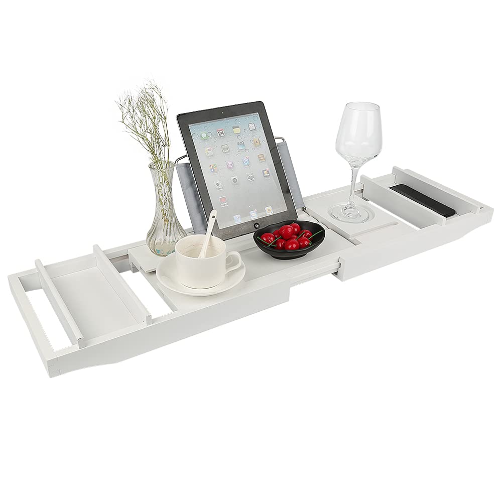 HUOLE Vassoio per Vasca da Bagno, in bambù, Estensibile, con Supporto per Computer Portatile e Supporto per iPad, Telefono, Tablet, Kindle, Vino e Candele