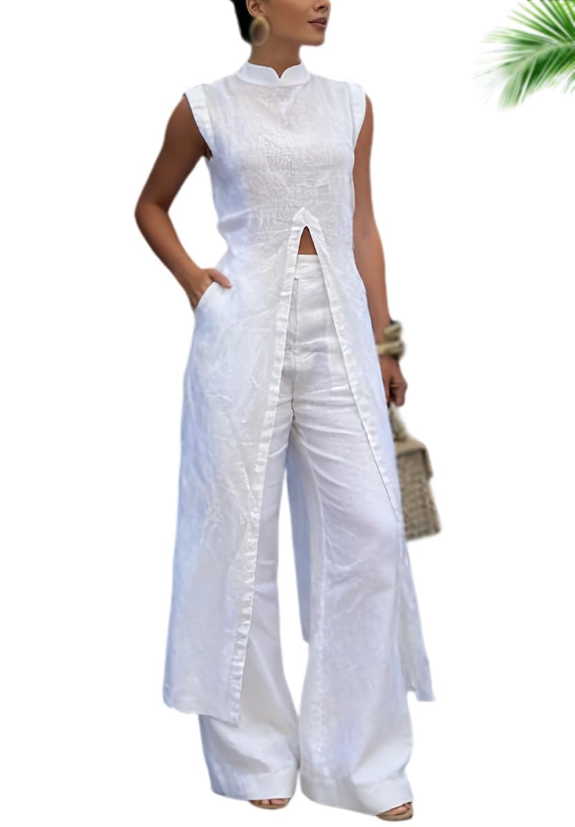 Traje de lino para mujer, elegante, mezcla de lino, cuello alto, abertura frontal, parte superior midi y cintura elástica, conjunto de pantalones sueltos, conjunto de lino de verano