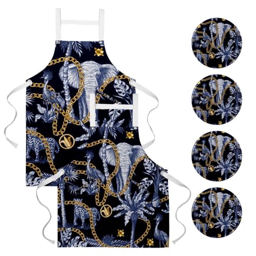 Lot de 2 tabliers de cuisine avec 4 broches motif animaux tropicaux