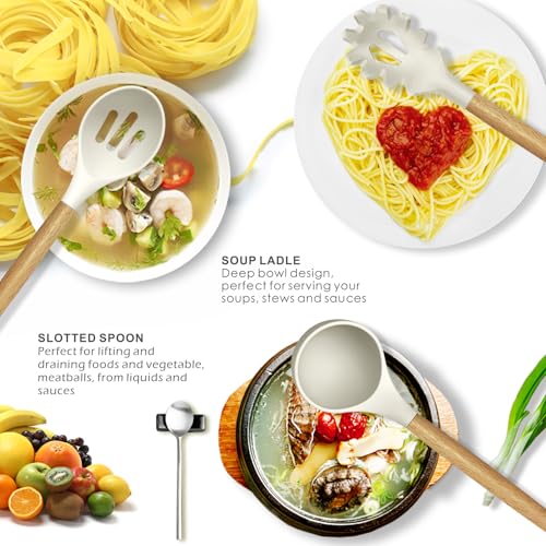 Silicone Cooking Utensils Set - 446°F Heat Resistant Silicone Kitchen Utensils for Cooking,Kitchen Utensil Spatula Set w Wooden Handles and Holder, BPA FREE Gadgets for Non-Stick Cookware (Khaki)