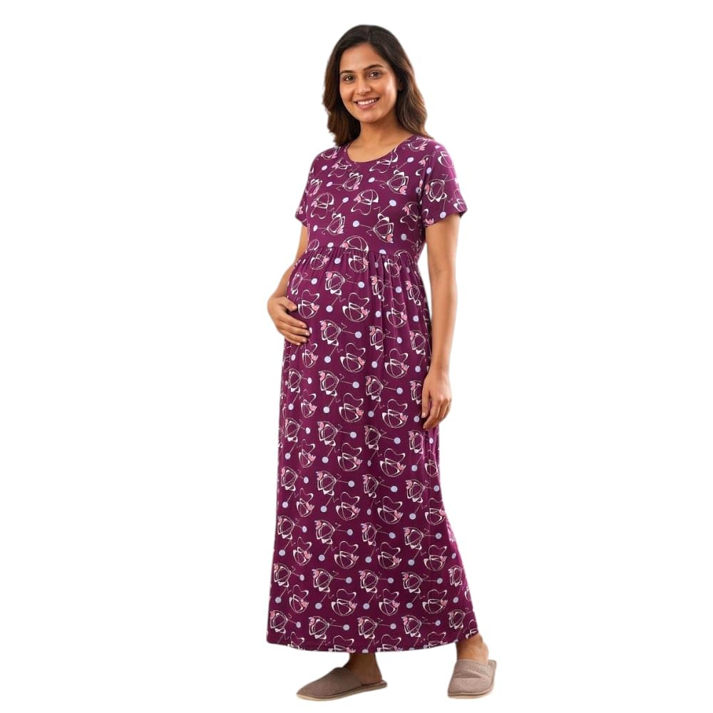 Women's Maternity Maxi Dress with Pocket, Purple Printed, Short Sleeve, Round Neck-image-34