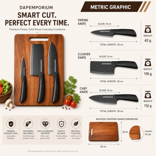 Image of Kitchen Knife Set with Wood Chopping Board (3+1) Ultra Sharp Steel Black Coated Blade with Cover & Anti-Slip Handle | Effortless Cutting | Durable Knife-Friendly Serving & Cutting Board | Ultra-Sharp Blades, Chef, Meat Cleaver & Utility Knife, Eco Friendly Multipurpose Cutting Board, Premium Quality