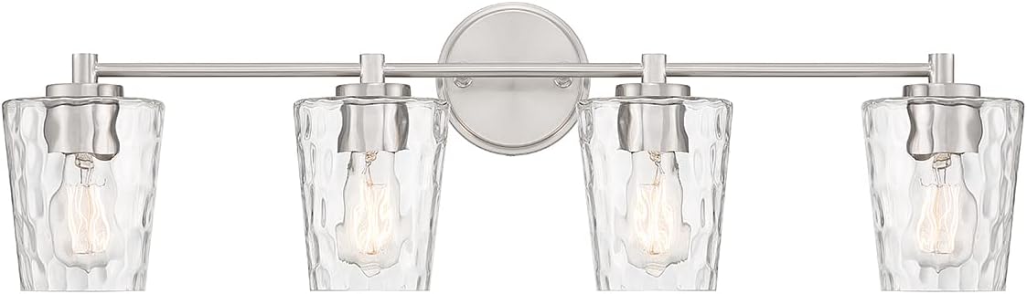 Savoy House 8-5606-4-SN Ballas Vintage Coastal Clear Hammered Glass Bathroom Vanity Wall Light, 4-Light 240 Total Watts, 10" H x 32" W, Satin Nickel