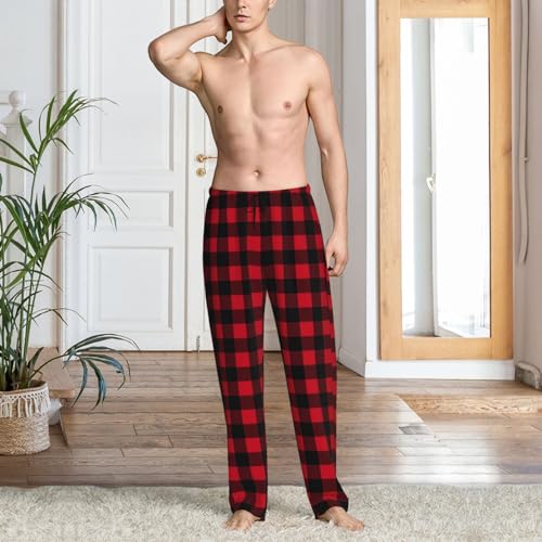Mens Pajama Pants Bottoms With Pockets- Red Black Twill Stripe Plaid Soft Mens Pj Pants, Comfy Men Lounge Pants2
