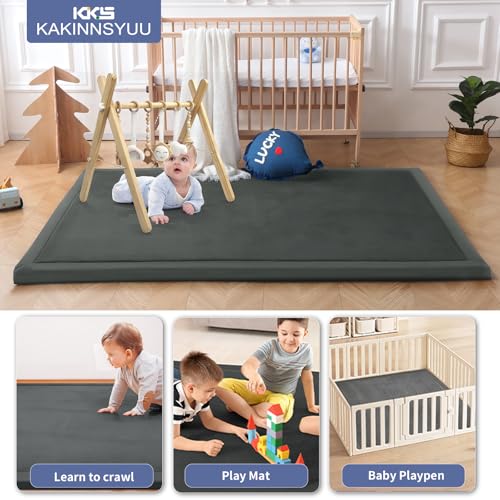 Image of 2-Inch Extra Large Memory Foam Play Mat | 59 inchx79 inch Large Baby Play Mat for Tummy Time & Crawling | Memory Foam with Non-Slip Base | Ultra Soft Flannel Cover | for Infants & Toddlers, Dark Gray