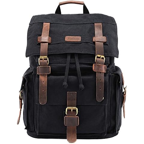 Kattee Men’s Leather Canvas Backpack Large School Bag Travel Rucksack Black Cover