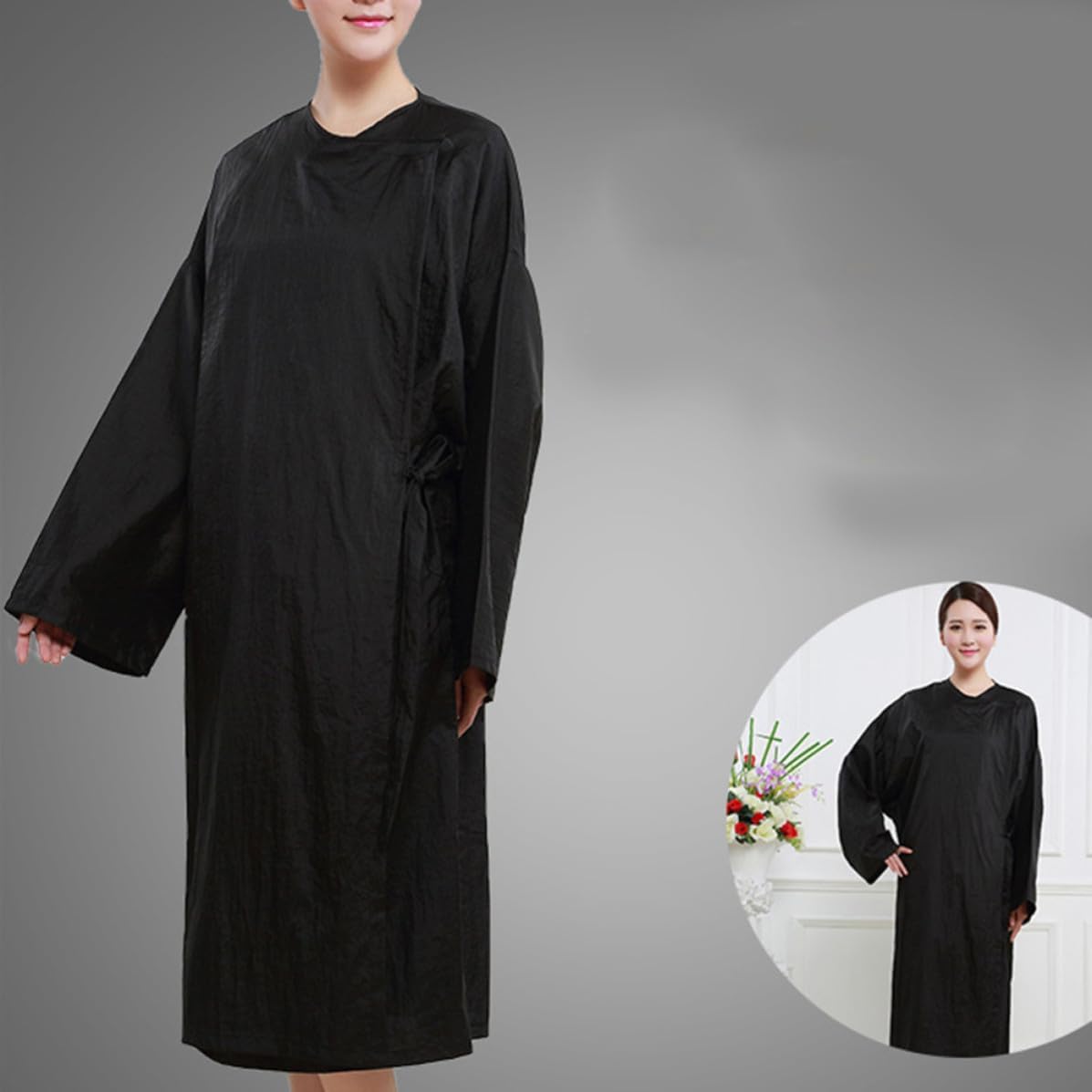 PRETYZOOM Waterproof Black Nylon Taffeta Hairdressing Apron for Barber Shop and Salon Use, Easy to Wear and Take, Comfortable Fashionable Spa Gown for Hair Oil Treatment and Home Hair